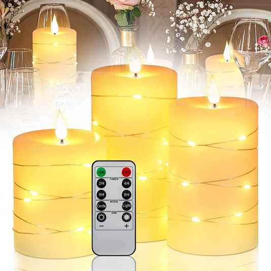 Bezplameňové LED sviečky s diaľkovým ovládaním a pohyblivým knotom (sada 3 kusy)